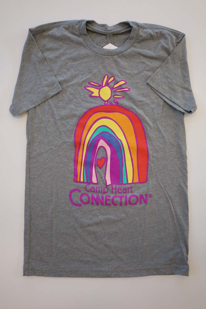 photo of dark heather grey tshirt with full color chc logo