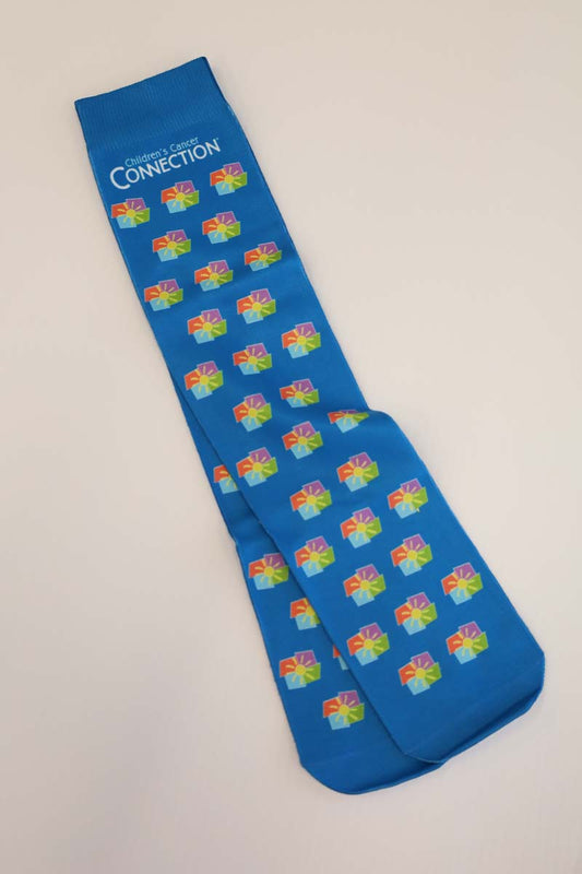 photo of blue socks with full color ccc logo scattered