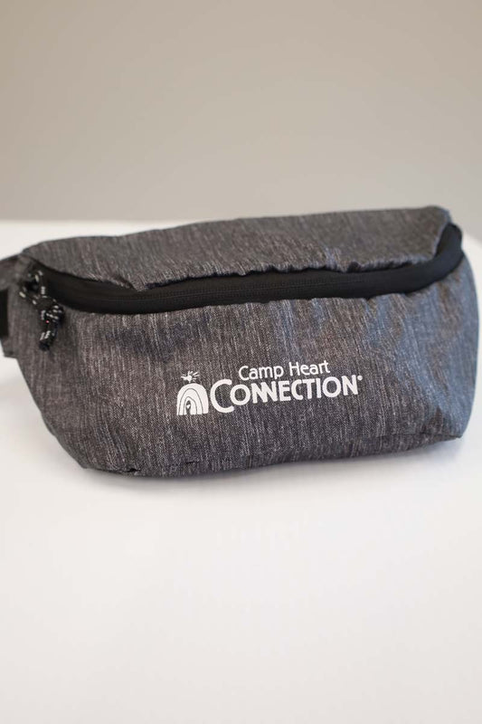 photo of grey fanny pack with white camp heart connection logo